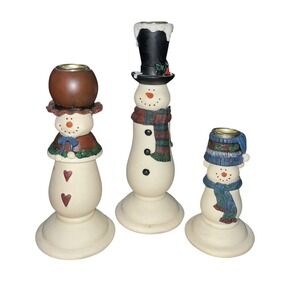 Snowman Family Candle Holders Christmas Holiday Decor‎ w/Candles & Original Box